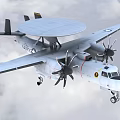 White Military Fighter Jet With Large Disc Radar Propeller Engines And Tail Emblem In Flight