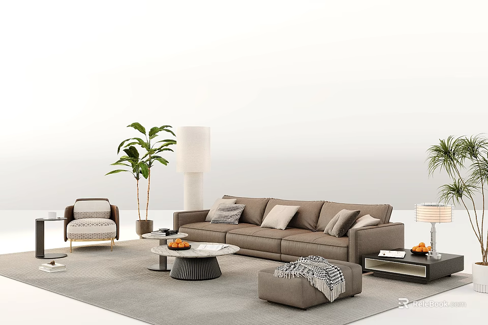 Modern Beige Sofa Coffee Table Set With Potted Palm Plants Floor Lamp And Gray Rug 3d model 