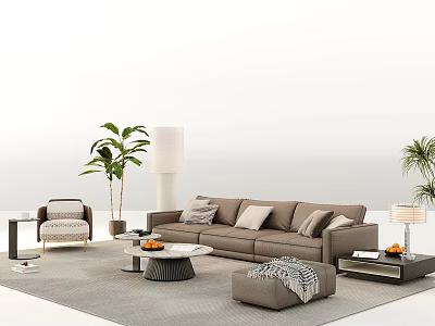 Modern Beige Sofa Coffee Table Set With Potted Palm Plants Floor Lamp And Gray Rug 3d model