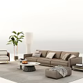 Modern Beige Sofa Coffee Table Set With Potted Palm Plants Floor Lamp And Gray Rug