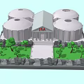 Cartoon Scene Featuring Domed Buildings Central Building Red Logo Green Grass Trees And Stone Fences