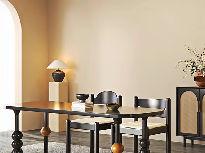 Modern Black Dining Table Set With Chairs Lamp Vase With Flowers And Cabinet 3d model