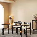 Modern Black Dining Table Set With Chairs Lamp Vase With Flowers And Cabinet
