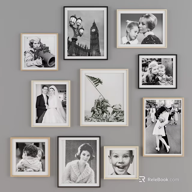 Framed Black and White People Portraits on Wall with Various Life Scenes 3d model 