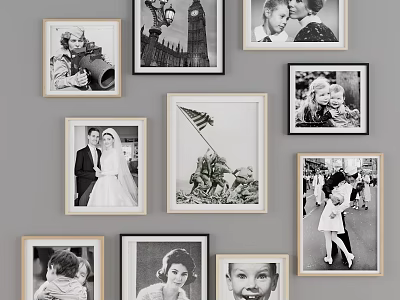Framed Black and White People Portraits on Wall with Various Life Scenes 3d model