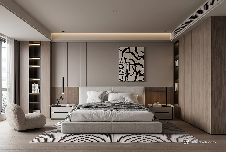 Modern Bedroom Interior Design With Platform Bed Abstract Painting Nightstands Pendant Lights And Rug 3d model 