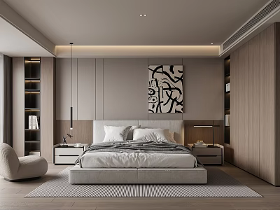 Modern Bedroom Interior Design With Platform Bed Abstract Painting Nightstands Pendant Lights And Rug 3d model