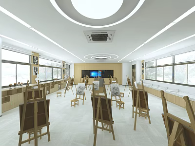 School Art Classroom With Wooden Easels Large Windows And Storage Cabinets 3d model
