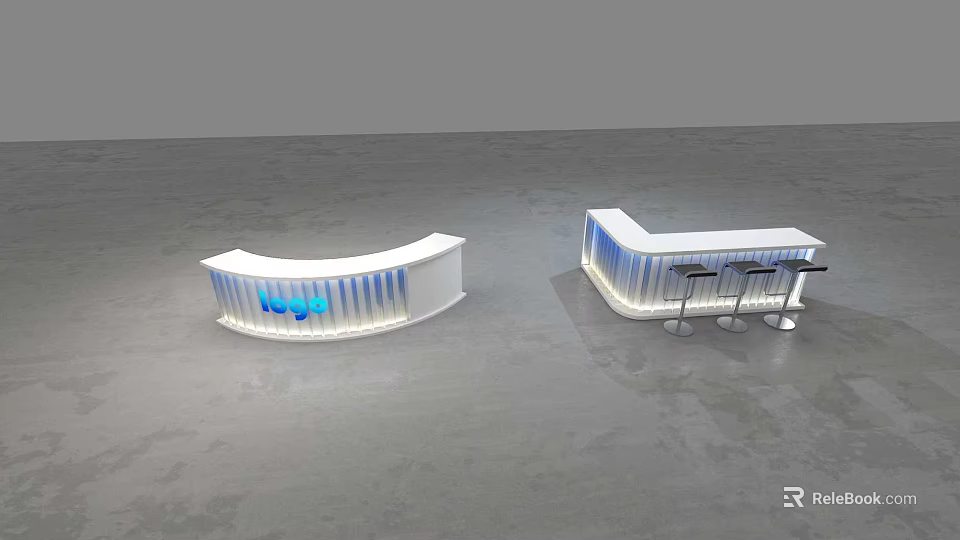 Modern Exhibition Reception Desk With White And Blue Lighting And Bar Stools 3d model 