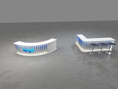 Modern Exhibition Reception Desk With White And Blue Lighting And Bar Stools 3d model