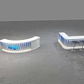 Modern Exhibition Reception Desk With White And Blue Lighting And Bar Stools