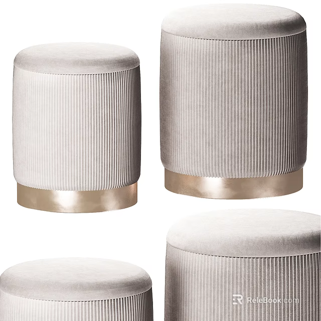 Light Gray Cylindrical Sofa Stools With Striped Fabric And Gold Base 3d model