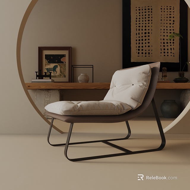 Modern Minimalist Accent Chair With Soft Linen Cushion And Decorative Wall Art 3d model 