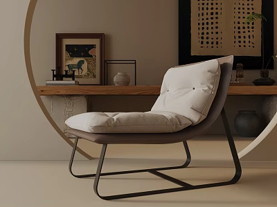 Modern Minimalist Accent Chair With Soft Linen Cushion And Decorative Wall Art 3d model