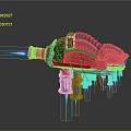Futuristic Cosmic Spaceship With Blue Thrusters And Red Black Mechanical Design