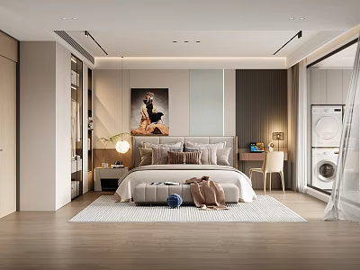 Modern Bedroom Interior With King Bed Pillows Throw Blanket Nightstand Lamp Wall Art Laundry Corner 3d model