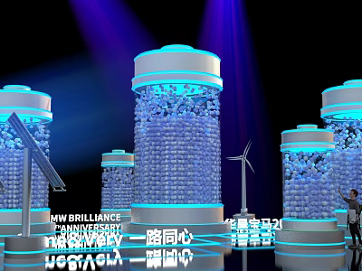 Cylindrical Commercial Equipment With Blue Lighting Solar Panels And Wind Turbines 3d model