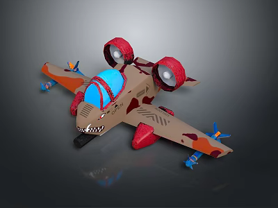 Camouflage Toy Airplane With Shark Mouth Design Red Engines And Blue Cockpit 3d model