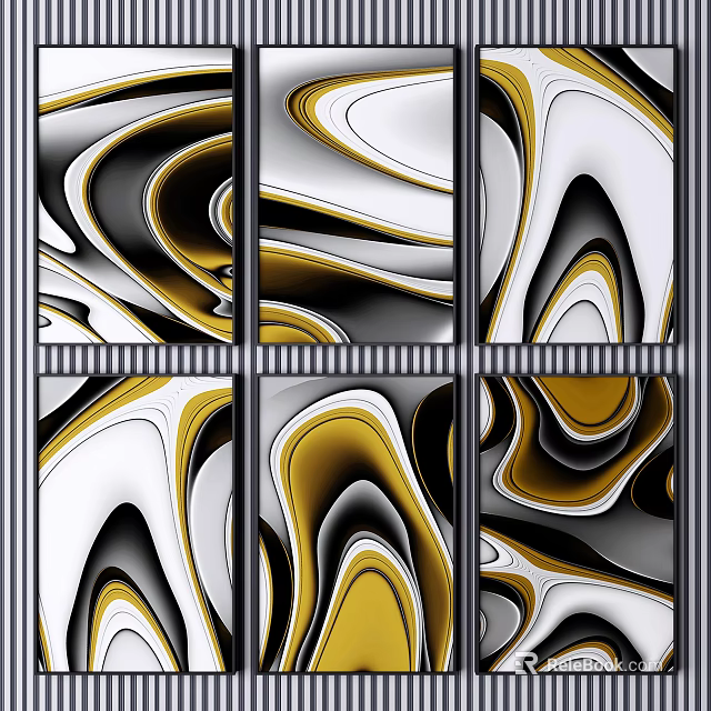 Abstract Wall Art With Black White Gold Wavy Patterns Six Panel Design 3d model