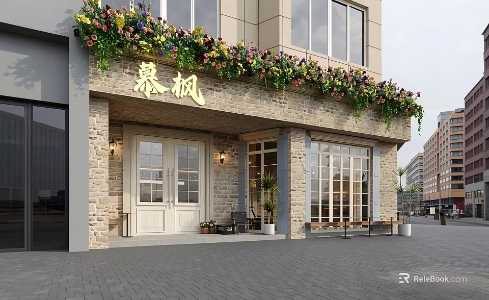 Charming Dessert Shop With Flower Decorated Brick Exterior Large Windows Double Doors And Outdoor Seating 3d model 