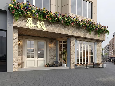 Charming Dessert Shop With Flower Decorated Brick Exterior Large Windows Double Doors And Outdoor Seating 3d model