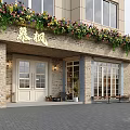 Charming Dessert Shop With Flower Decorated Brick Exterior Large Windows Double Doors And Outdoor Seating