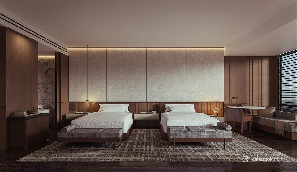 Modern Hotel Guest Room With Twin Beds White Linens Wooden Accents And Cozy Carpet 3d model 