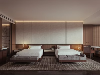 Modern Hotel Guest Room With Twin Beds White Linens Wooden Accents And Cozy Carpet 3d model