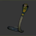Blue and Yellow Snake with Coiled Body Raised Head and Flicking Tongue on Dark Background
