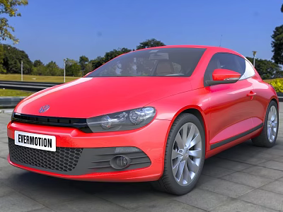 Red Volkswagen EARMOTION Sports Coupe With Streamlined Body And Shiny Wheels In Outdoor Setting 3d model