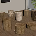Multiple Wooden Log Stools in Various Shapes on Indoor Wooden Floor with Potted Plant