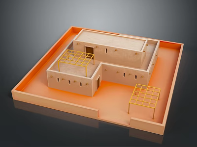 Simple Architectural Model With Beige Structure Yellow Frames And Orange Tray Base 3d model