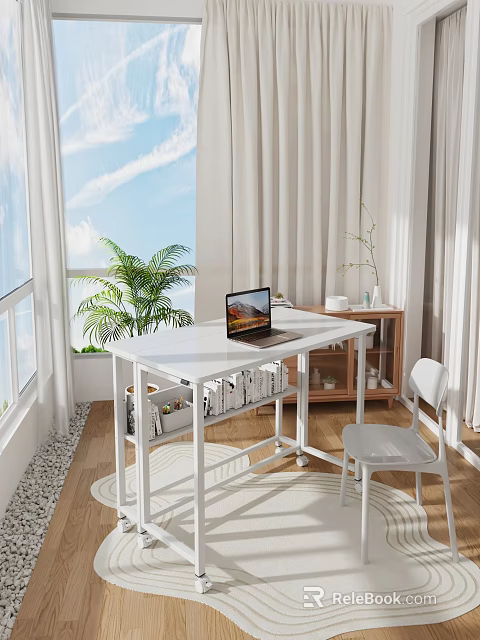 Modern White Desk Interior Design With Laptop White Chair Indoor Plant And Books By Window 3d model 