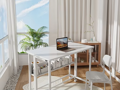 Modern White Desk Interior Design With Laptop White Chair Indoor Plant And Books By Window 3d model