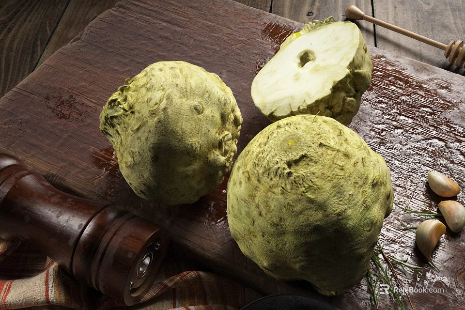Fresh Celery Root Sliced on Wooden Cutting Board with Garlic and Pepper Grinder 3d model 