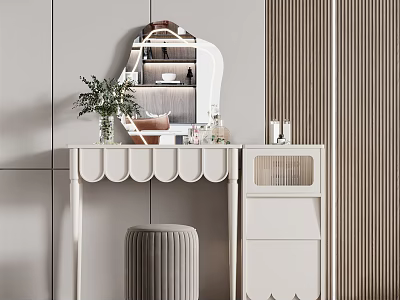 Modern White Scalloped Dressing Table With Mirror Stool And Decorative Vase 3d model