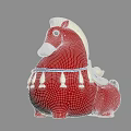 Red Horse Sculpture With Cute Round Shape Golden Mane And Blue Decorative Tassels