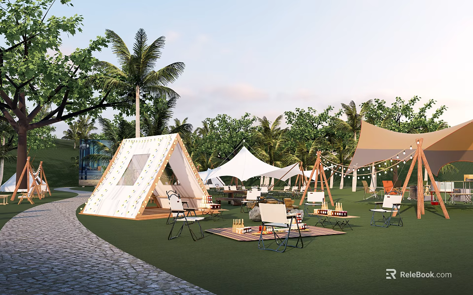 Scenic Campsite With Tents Palm Trees Green Lawn Outdoor Furniture And Decorative Lights 3d model 
