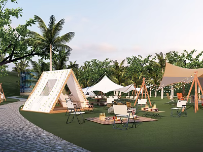 Scenic Campsite With Tents Palm Trees Green Lawn Outdoor Furniture And Decorative Lights 3d model