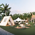 Scenic Campsite With Tents Palm Trees Green Lawn Outdoor Furniture And Decorative Lights