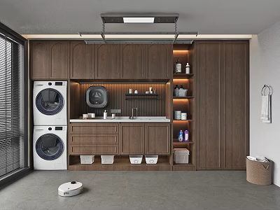 Modern Home Balcony Space With Washer Dryer Storage Cabinets Sink And Robot Vacuum 3d model