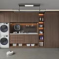 Modern Home Balcony Space With Washer Dryer Storage Cabinets Sink And Robot Vacuum