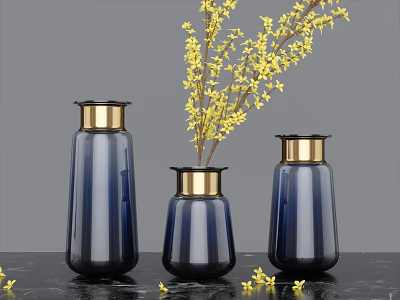 Three Blue Vases With Gold Rim And Yellow Floral Stems For Modern Tabletop Home Decor 3d model