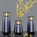 Three Blue Vases With Gold Rim And Yellow Floral Stems For Modern Tabletop Home Decor