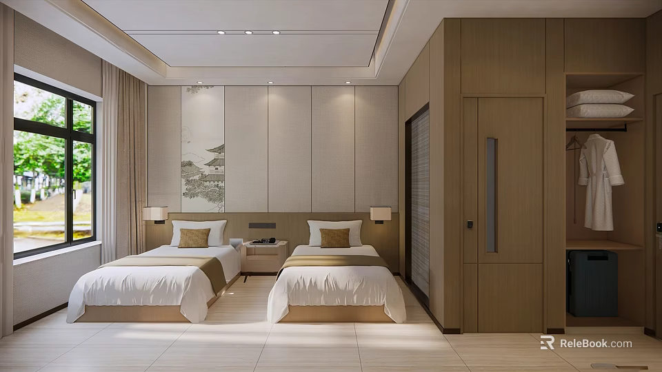 Modern Hotel Guest Room With Twin Beds Bedside Lamps Decorative Wall Art And Wooden Wardrobe 3d model 