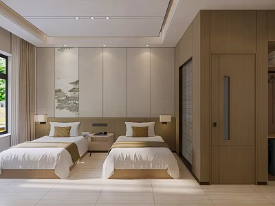 Modern Hotel Guest Room With Twin Beds Bedside Lamps Decorative Wall Art And Wooden Wardrobe 3d model