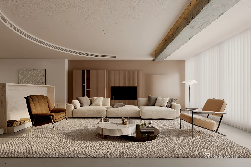 Modern Living Room Interior Design With Beige Sofa Brown Armchairs Coffee Table And TV 3d model 