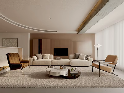 Modern Living Room Interior Design With Beige Sofa Brown Armchairs Coffee Table And TV 3d model