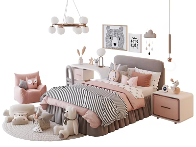 Cozy Kids Bed With Striped Pink Bedding Wall Art Stuffed Toys And Pendant Light 3d model
