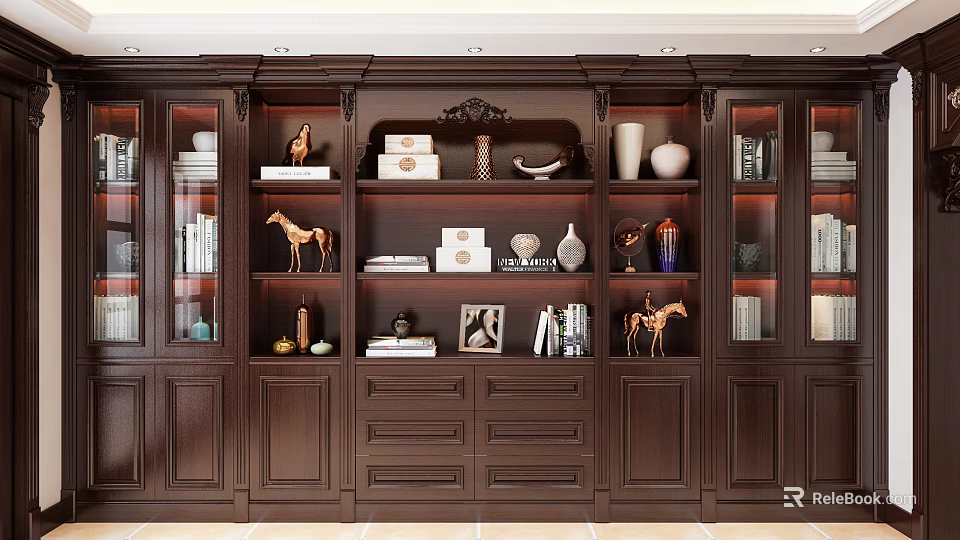 Ornate Dark Brown Wooden Bookcase With Glass Doors Decorative Items Books Vases Sculptures And Drawers 3d model 